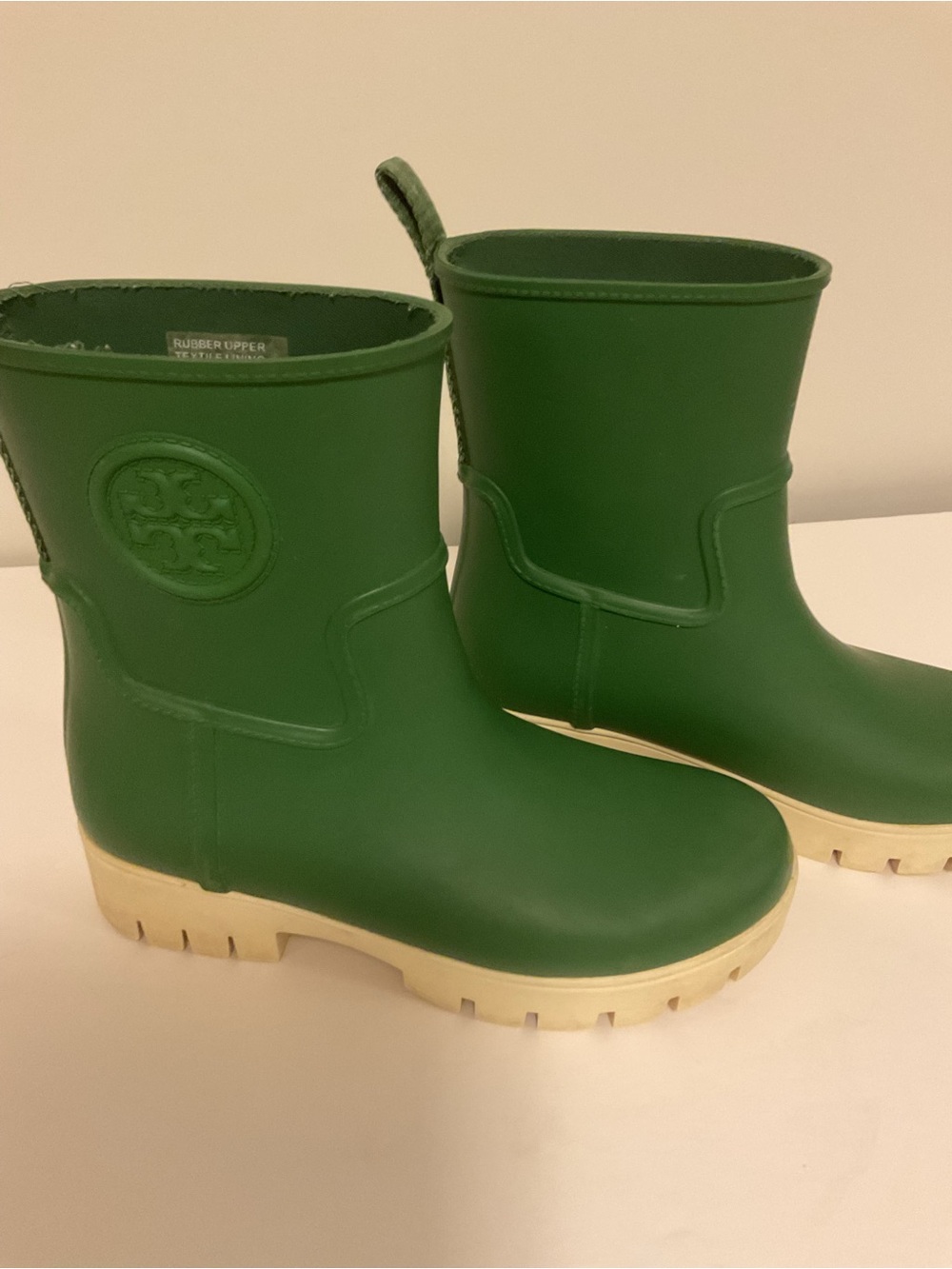 Tory Burch women Green Rubber Rain Boots with Cream Sole